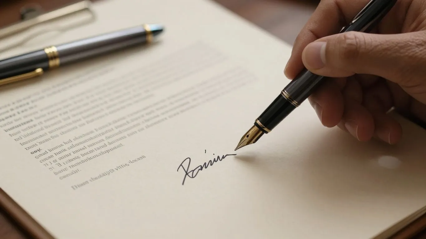 Professional documents on a desk with a pen